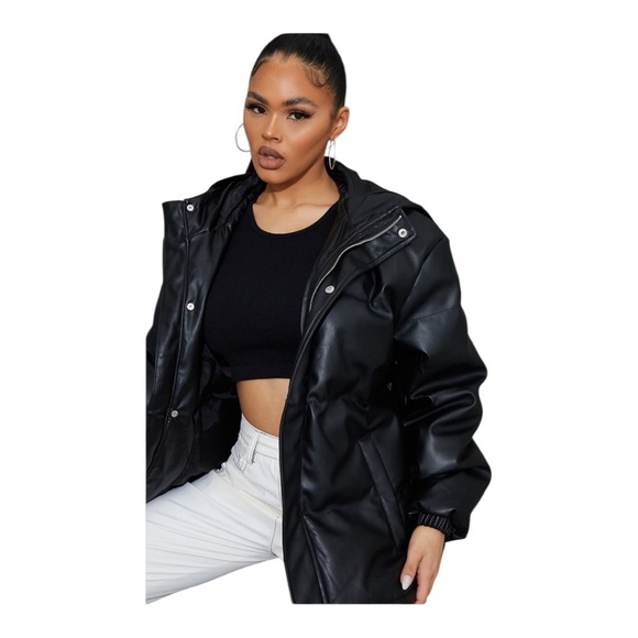 PrettyLittleThing Black Faux Leather Puffer Jacket – Size Large – NWT - Picture 4 of 6